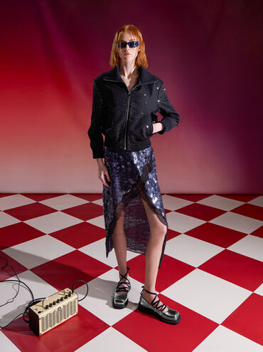 Metallic Heart-Embellished Lace-Up Ballet Flats, Pewter, hi-res