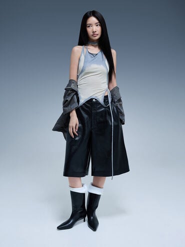 Elongated Square-Toe Kitten-Heel Calf Boots, Black, hi-res