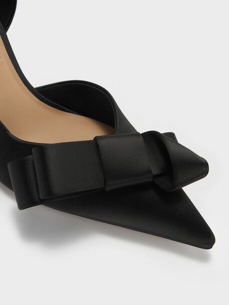 Pleated-Bow Pointed D'Orsay Pumps, Black Textured, hi-res