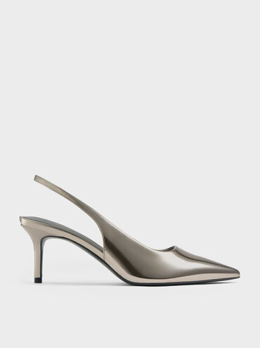 Kaia Metallic Pointed-Toe Slingback Pumps, Pewter, hi-res