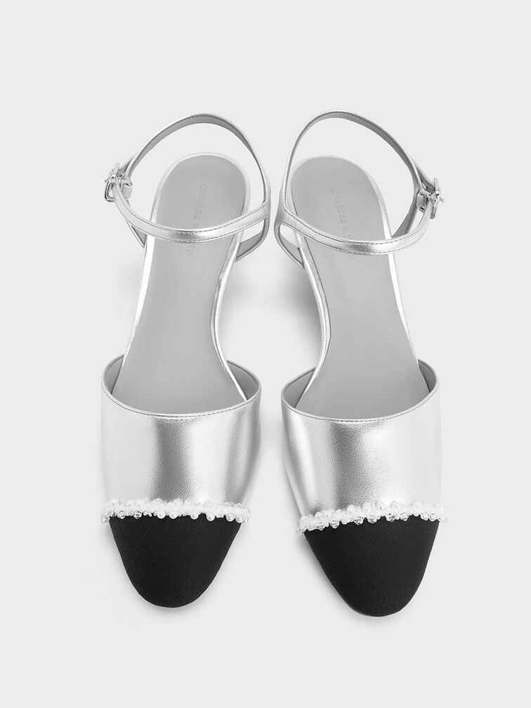 Metallic Pearl-Embellished Cap-Toe Kitten Heels, Silver, hi-res