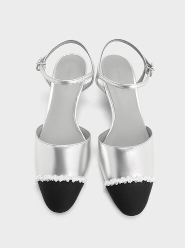 Metallic Pearl-Embellished Cap-Toe Kitten Heels, Silver, hi-res