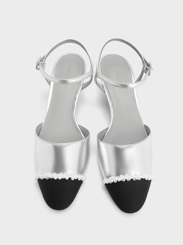 Metallic Pearl-Embellished Cap-Toe Kitten Heels, Silver, hi-res