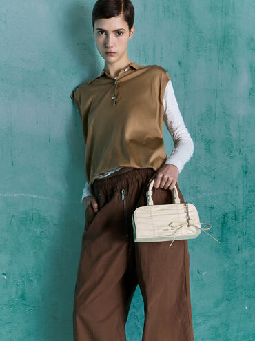 Kadee Ruched Bow-Charm Bowling Bag, Cream, hi-res