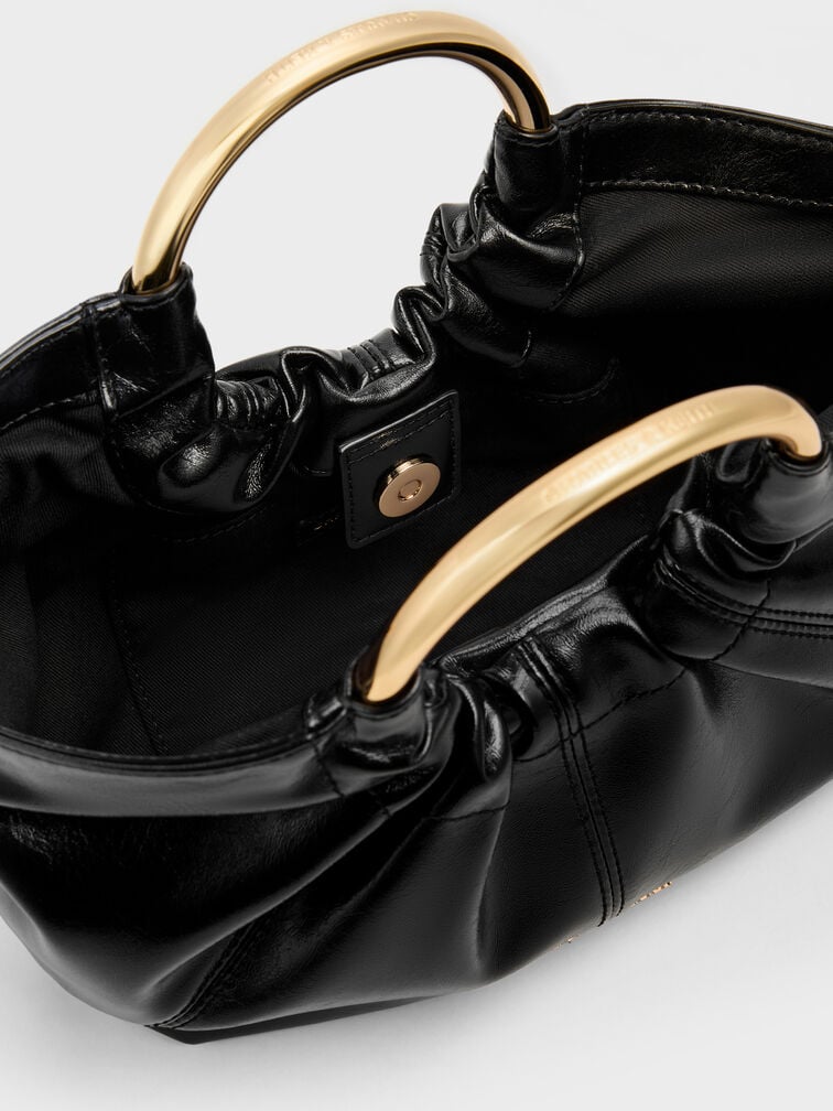 Ciara Ruched Metal Top Handle Bag, Black, hi-res