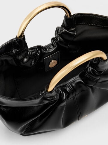 Ciara Ruched Metal Top Handle Bag, Black, hi-res