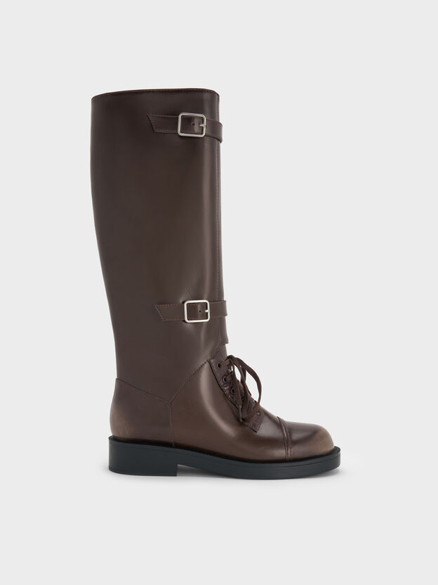 Burnished Double-Buckle Combat Knee-High Boots, Dark Brown, hi-res