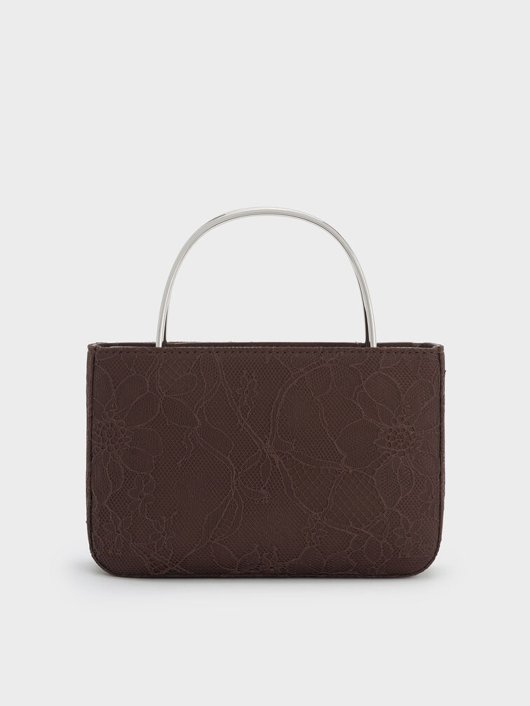 Jennis Lace & Satin Top Handle Bag, Dark Brown Textured, hi-res