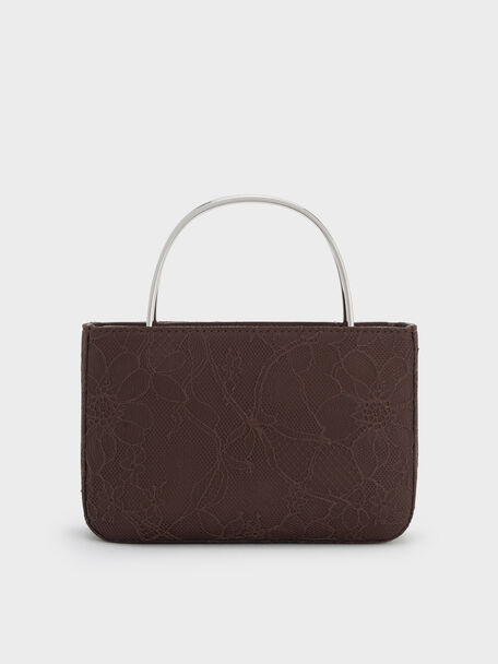 Jennis Lace & Satin Top Handle Bag, Dark Brown Textured, hi-res