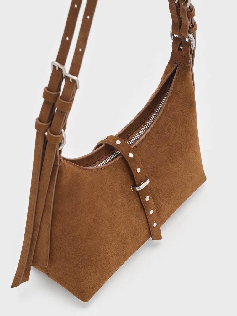 Lark Recycled Suede Studded Belted Shoulder Bag, Sienna Brown, hi-res