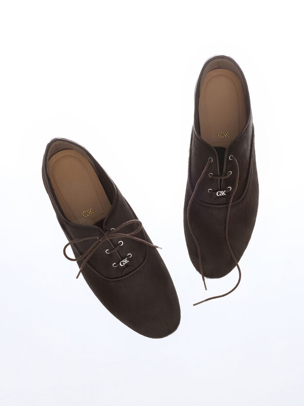 Pippa Calf Hair Derby Flats, Dark Brown Textured, hi-res