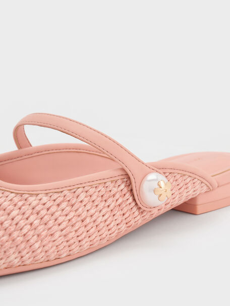 Aeryn Raffia Pearl-Embellished Slip-On Mary Janes, Peach, hi-res