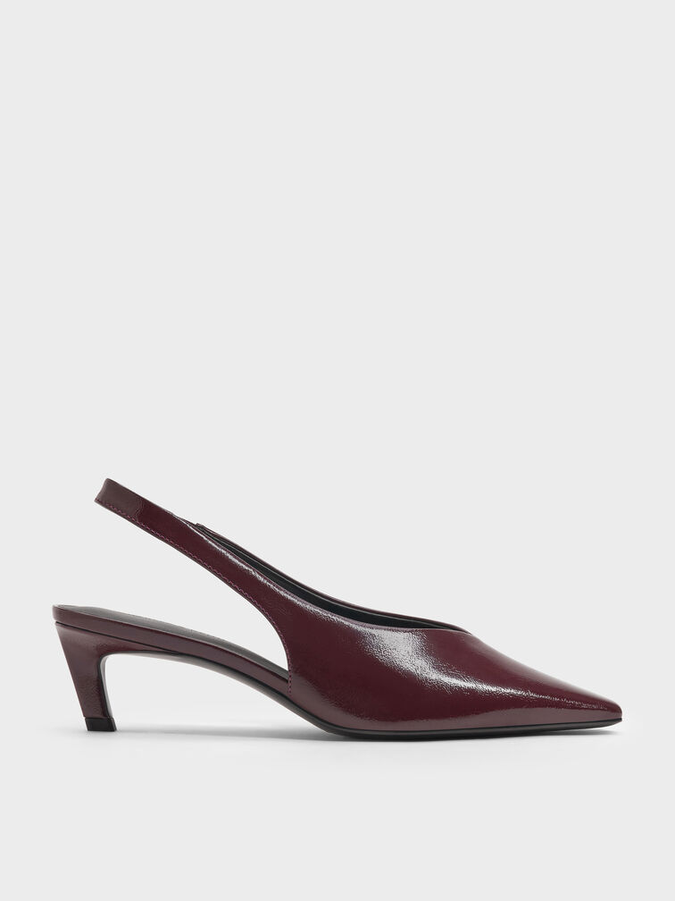 Patent Tapered Square-Toe Slingback Kitten Heels, Burgundy, hi-res