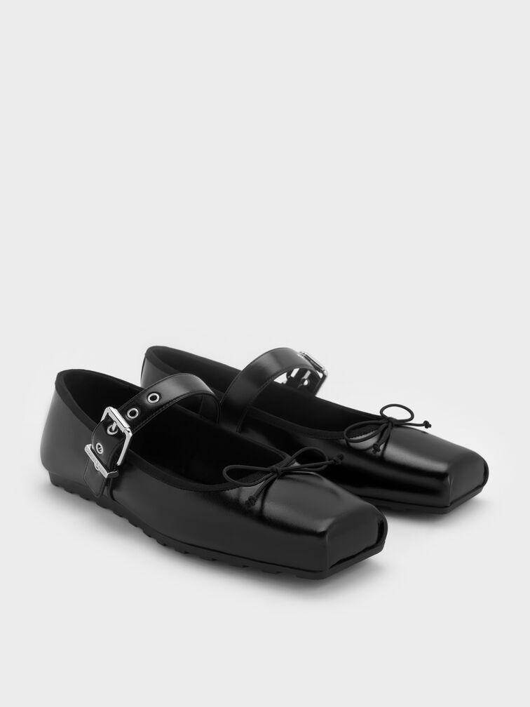 Myler Bow Square-Toe Buckled Mary Janes, Black, hi-res