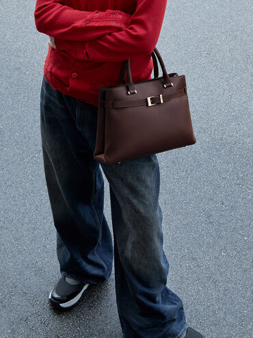 Voyager Leather Belted Trapeze Tote Bag, Dark Brown, hi-res