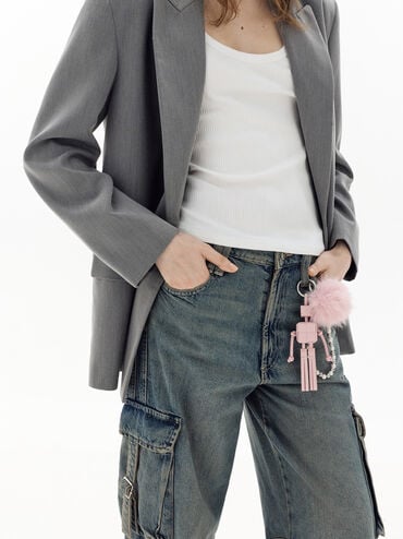 Pearl Beaded-Strap Furry Ball Charm, Cotton Candy Pink, hi-res