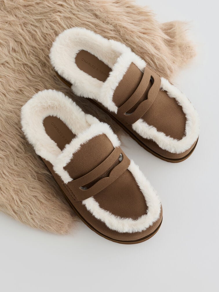 Recycled-Fur Flatform Mules, Brown, hi-res