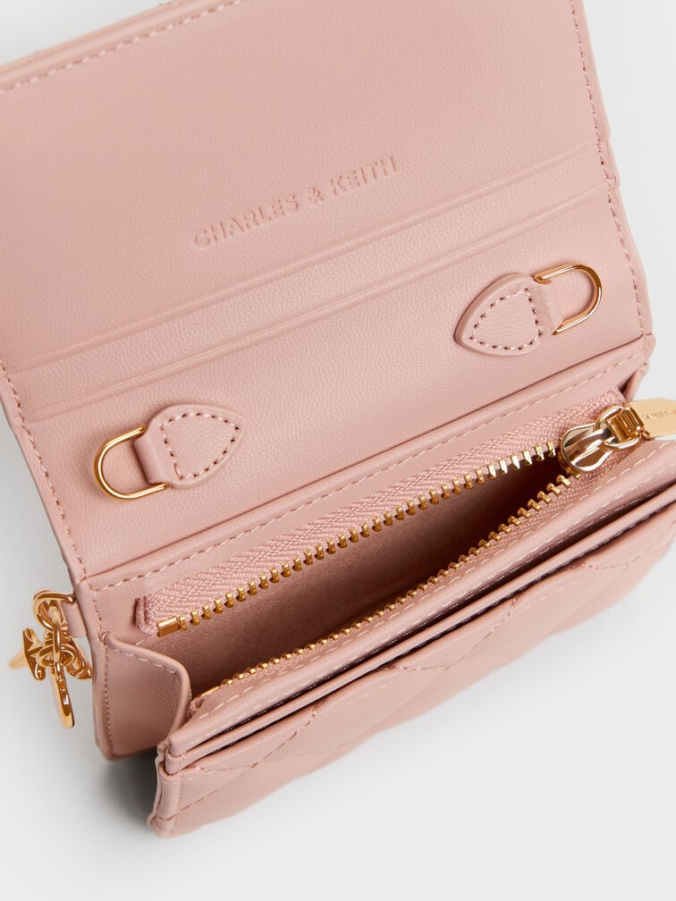 Arrietty Quilted Bow-Heart Charm Small Wallet, Light Pink, hi-res