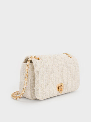 Arwen Tweed Diamond-Quilt Braided-Strap Shoulder Bag, Cream Tweed, hi-res