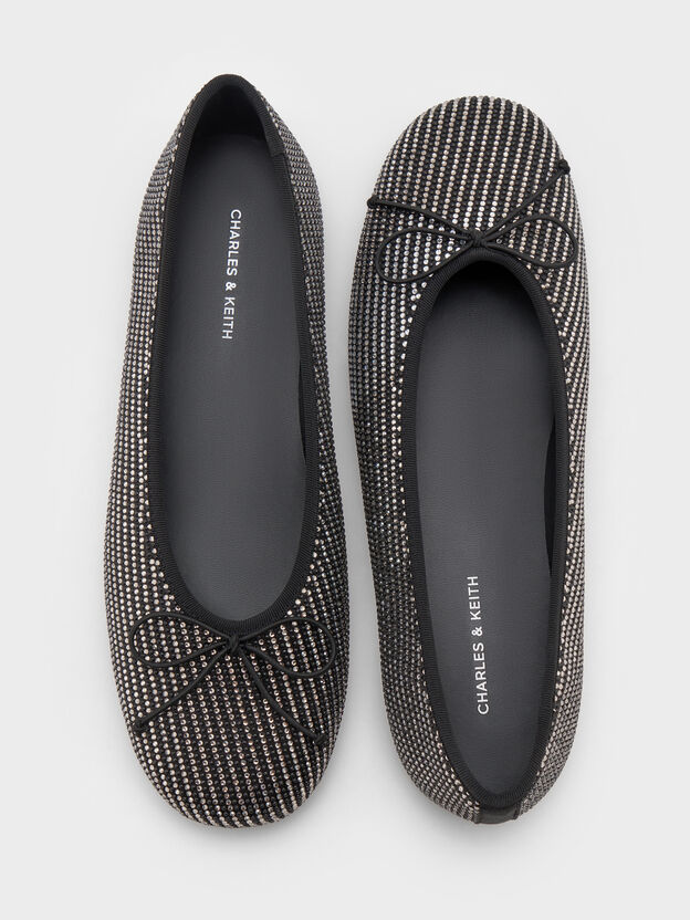Satin Crystal Bow Ballet Flats, Black Textured, hi-res