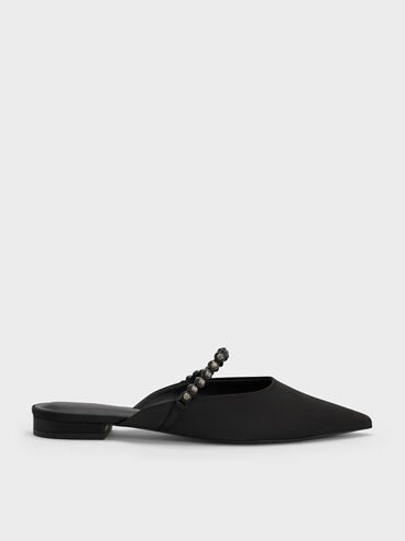 Flores Recycled Polyester Gem-Strap Flat Mules, Black, hi-res