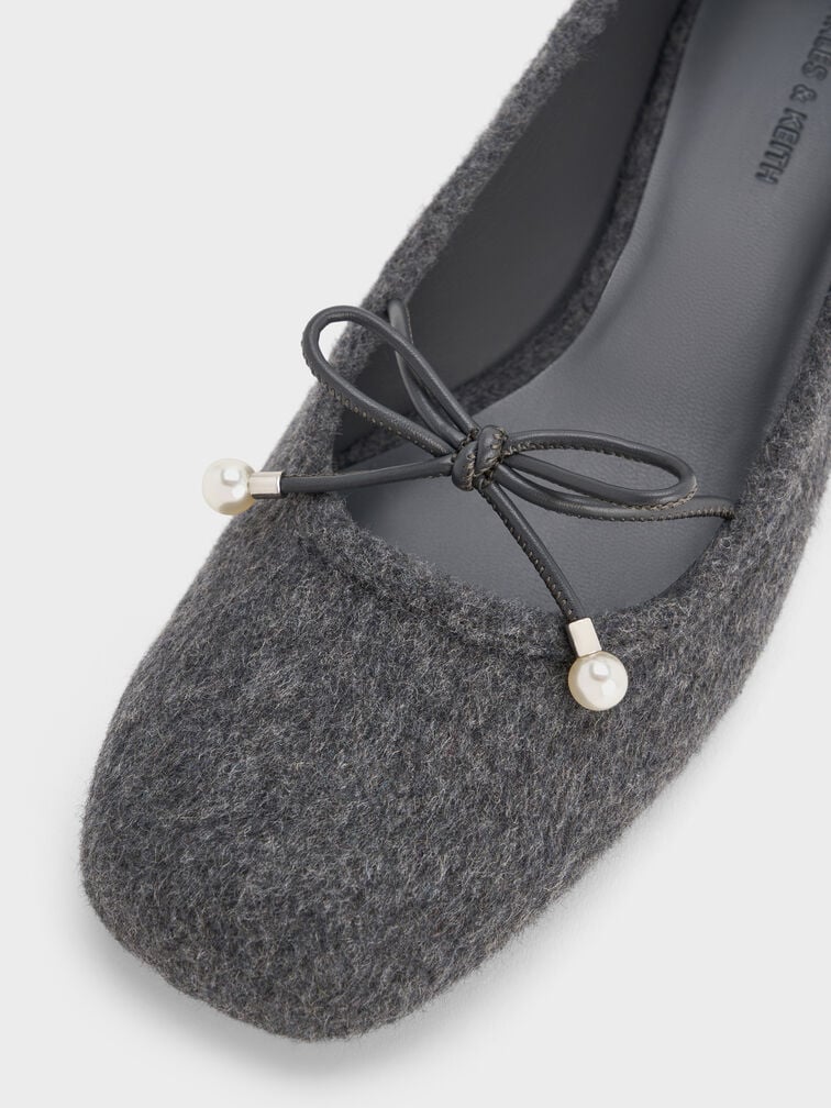 Barbara Felt Pearl-Embellished Bow Ballet Pumps, Grey, hi-res