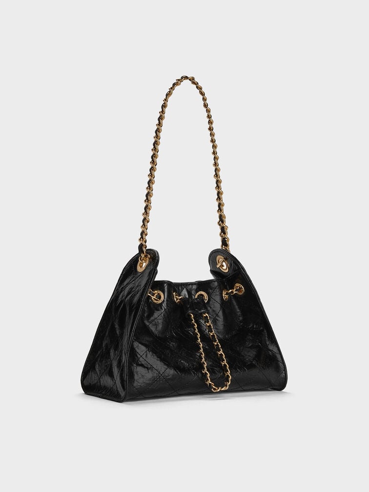 Duo Quilted Drawstring Bucket Bag, Black, hi-res