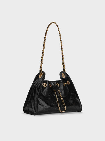 Duo Quilted Drawstring Bucket Bag, Black, hi-res