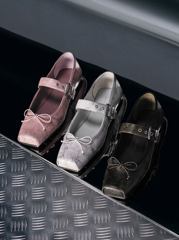 Myler Crinkle-Effect Bow Square-Toe Buckled Mary Janes, Pink, hi-res