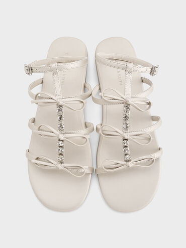 Gem-Embellished Bow T-Bar Sandals, White, hi-res