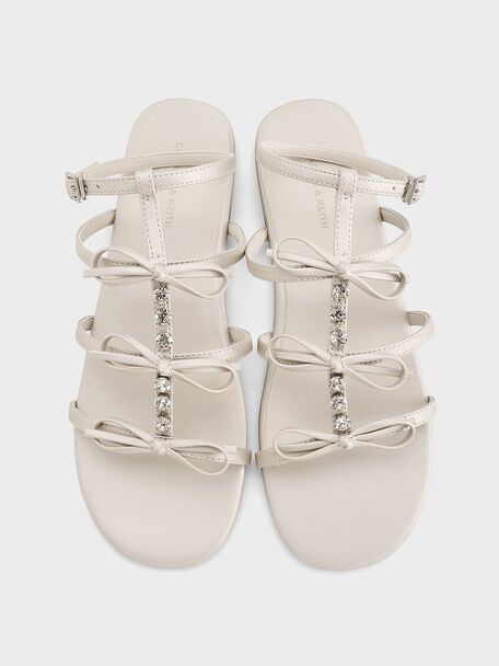Gem-Embellished Bow T-Bar Sandals, White, hi-res