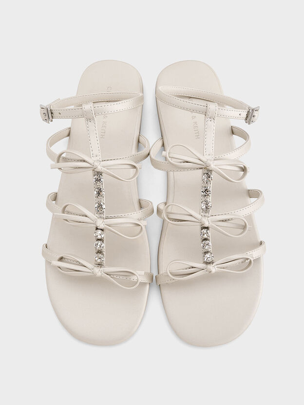 Gem-Embellished Bow T-Bar Sandals, White, hi-res