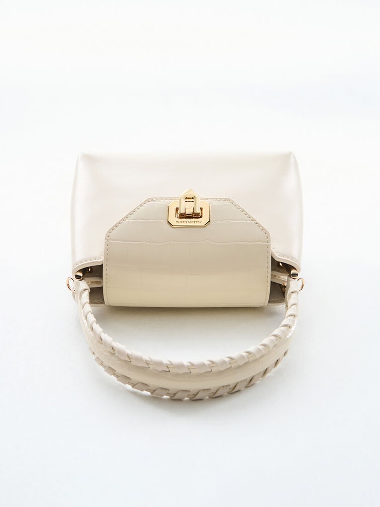 Arwen Croc-Effect Braided-Strap Top Handle Bag, Cream, hi-res