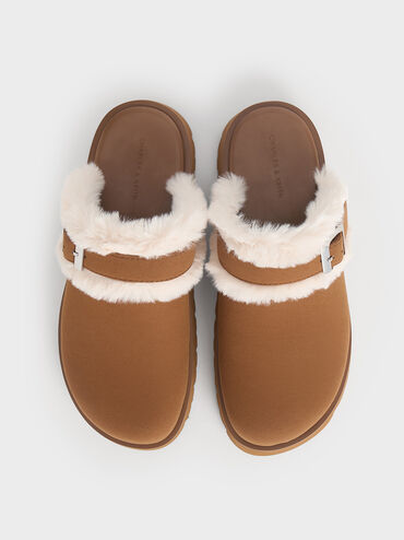 Hannah Textured Fur-Trim Buckled Mules, Brown, hi-res