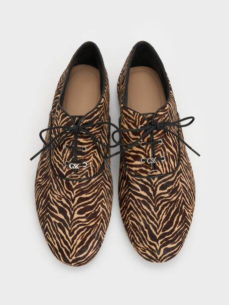 Pippa Zebra-Print Calf Hair Derby Flats, Animal Print Sand, hi-res