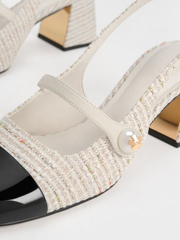 Aeryn Tweed Pearl-Embellished Slingback Pumps, Cream, hi-res