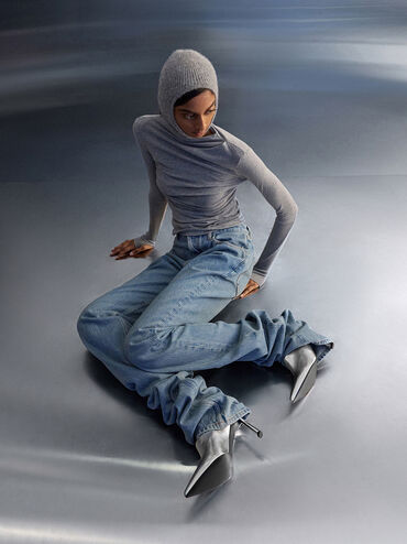 Metallic High-Vamp Pointed-Toe Heeled Mules, Silver, hi-res