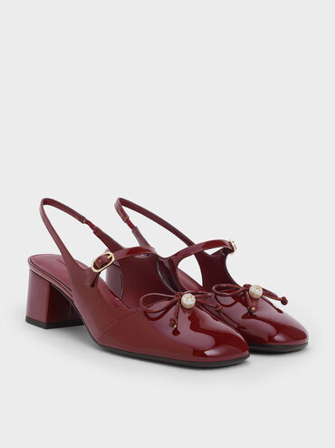 Patent Bow Crystal-Pearl Slingback Mary Jane Pumps, Burgundy, hi-res