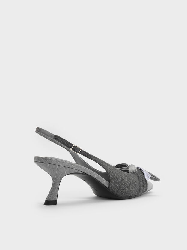 Striped Knot-Bow Pointed Slingback Pumps, Grey, hi-res