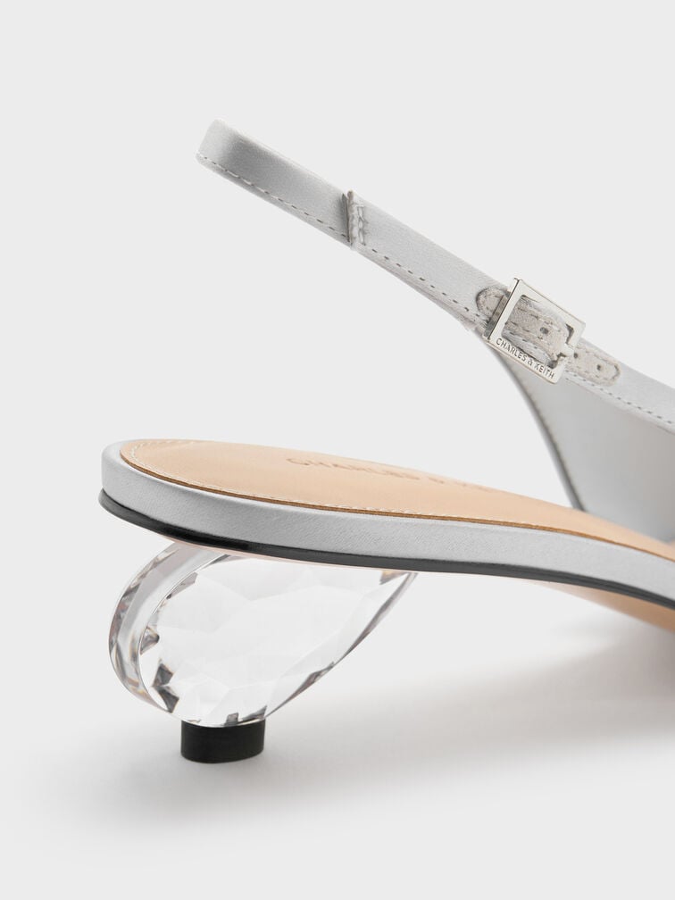 Satin Pointed-Toe Crystal-Heel Slingback Pumps, Silver, hi-res