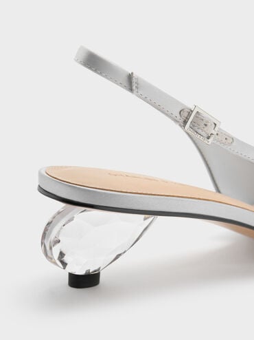 Satin Pointed-Toe Crystal-Heel Slingback Pumps, Silver, hi-res
