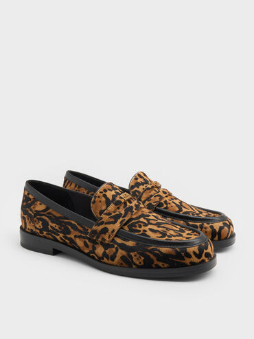Georgina Calf Hair Leopard-Print Metallic-Accent Penny Loafers, Animal Print Brown, hi-res