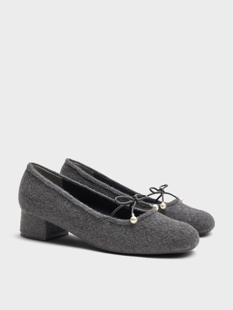 Barbara Felt Pearl-Embellished Bow Ballet Pumps, Grey, hi-res
