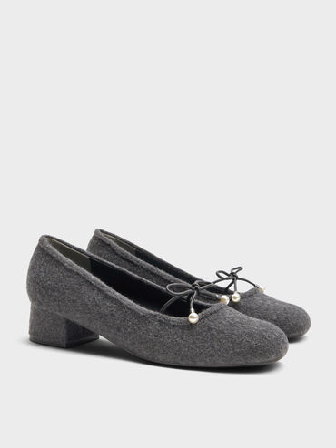 Barbara Felt Pearl-Embellished Bow Ballet Pumps, Grey, hi-res
