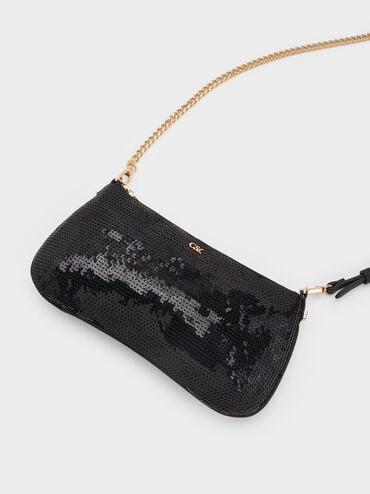 Sequin Mesh & Leather Shoulder Bag, Black, hi-res