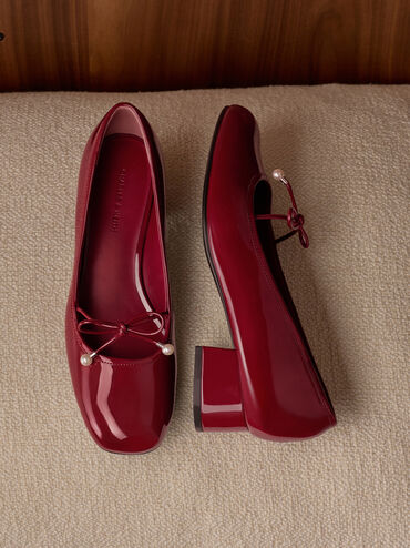 Barbara Patent Pearl-Bow Ballet Pumps, Red, hi-res