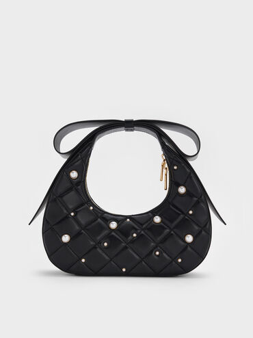 Janie Quilted Pearl-Embellished Bow-Handle Crescent Bag, Black, hi-res