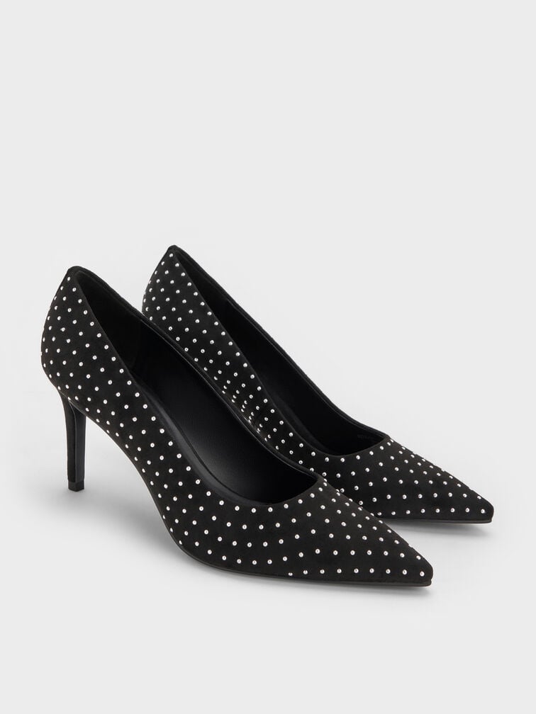 Faux Suede Studded Pointed-Toe Pumps, Black Textured, hi-res