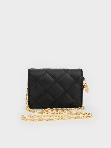 Arrietty Quilted Bow-Heart Charm Small Wallet, Black, hi-res