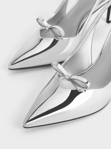 Metallic Bow Slingback Pumps, Silver, hi-res